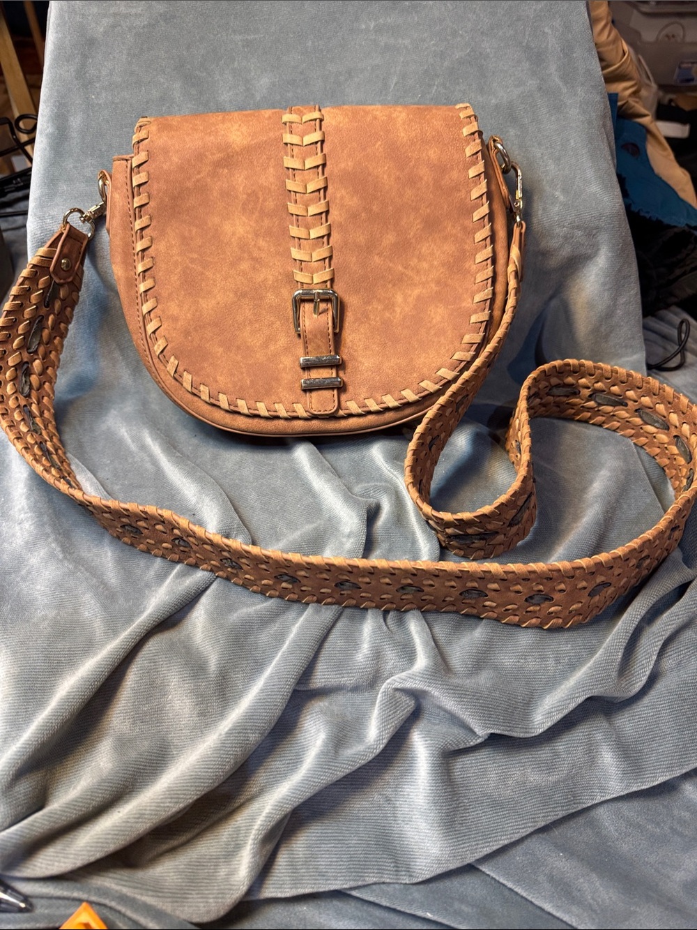 Braided Vegan Leather Saddle Crossbody Bag in Tan